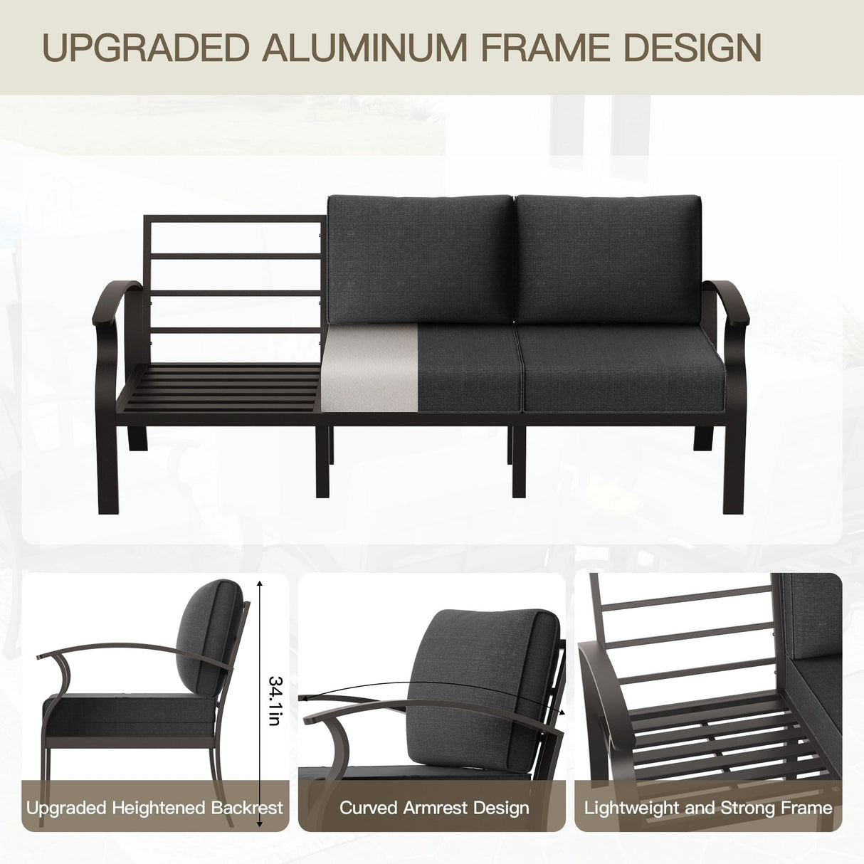 Trumbeak Aluminum Patio Furniture Set with 55,000 BTU Propane Fire Pit Table,7 Seats Metal Modern Outdoor Furniture w/5.1" Cushions,Patio Sectional w/Swivel Chairs for Patio,Backyard,Black Trumbeak