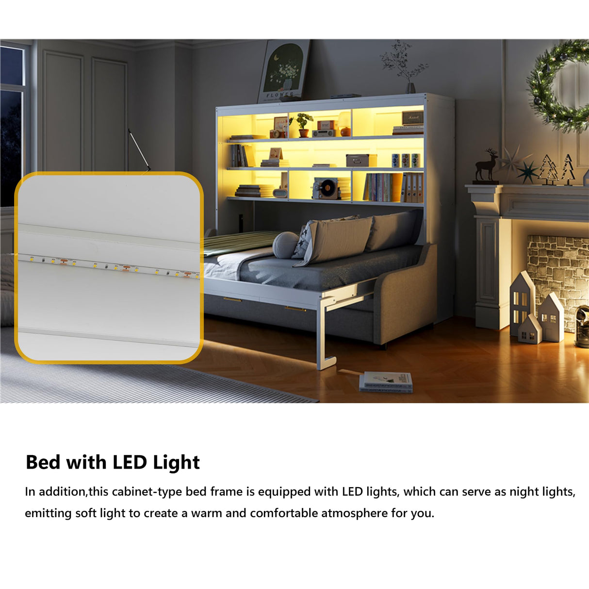 Polibi Full Murphy Cabinet Bed with Folding Sofa & Storage Shelves,LED Light,Solid Wood + MDF,No Box Spring Needed,Space Saving,87.7" L x 60" W,White+Beige Polibi