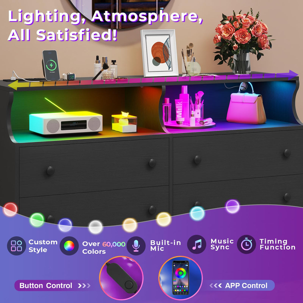 Hasuit 6 Drawer Dresser with LED Lights and Charging Station, Wide Chest of 6 Drawers with Open Space, Modern Large Capacity Storage Cabinet, Black Dresser for Bedroom, Living Room, Hallway Hasuit