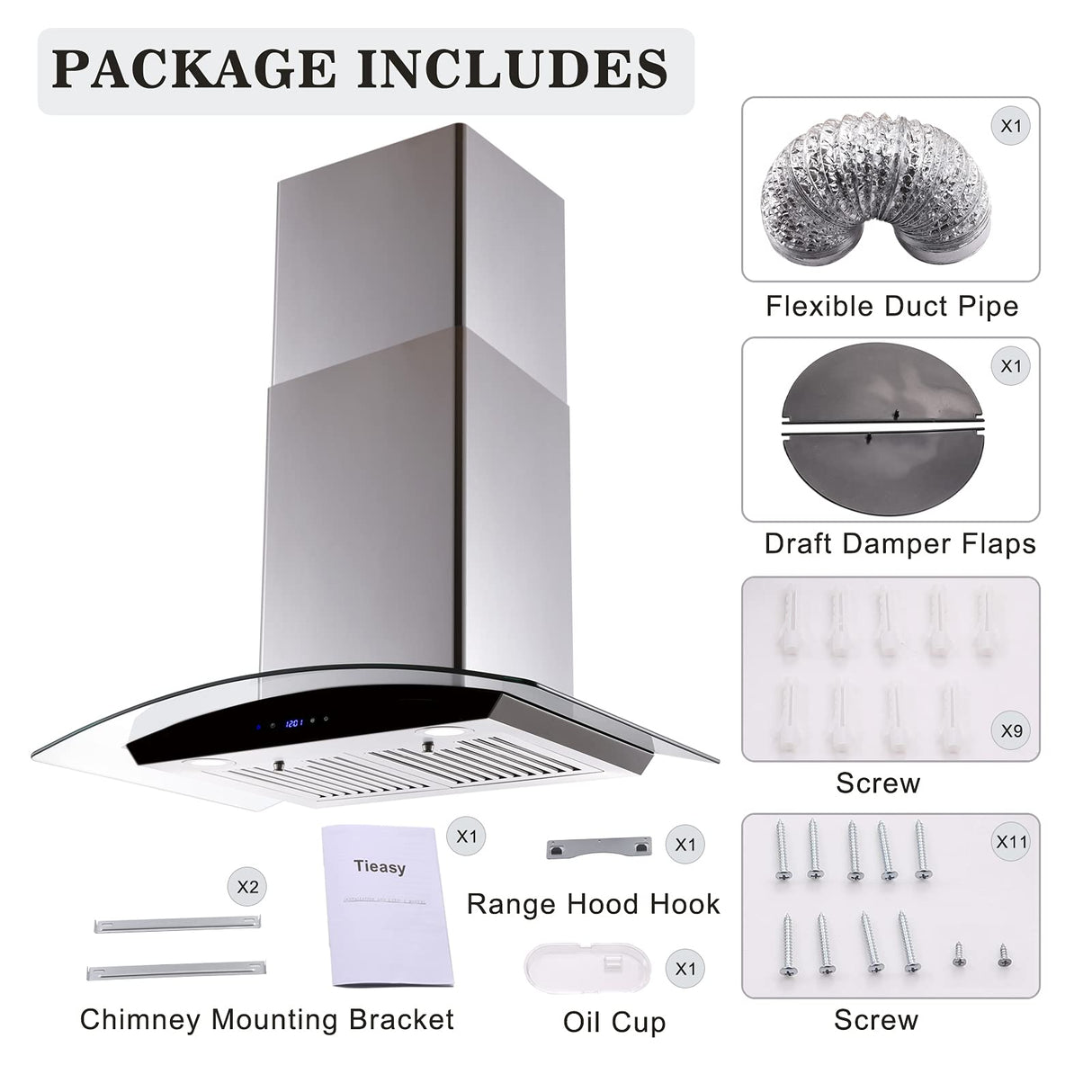 Range Hood 30 Inch, Tieasy Wall Mount Kitchen Hood with Ducted/Ductless Convertible Duct, Stainless Steel Chimney and Baffle Filters, Touch Control Fan Timer, LED Lights, 3 Speed Fan Tieasy