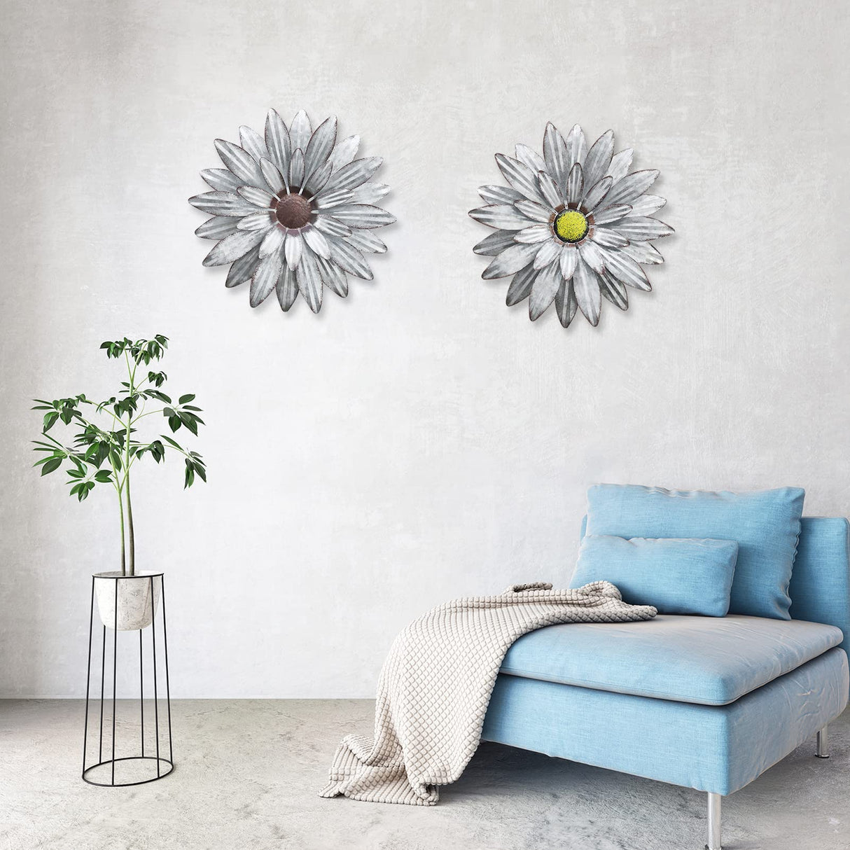 WKHOMEDECO Galvanized Farmhouse Metal Flowers Wall Decor Inspirational,Wall Decor Hanging for Indoor Outdoor Home Bedroom Living Room Office Porch Patio Garden Fence 13Inch,Handmade Gift, Set of 2 WKHOMEDECO