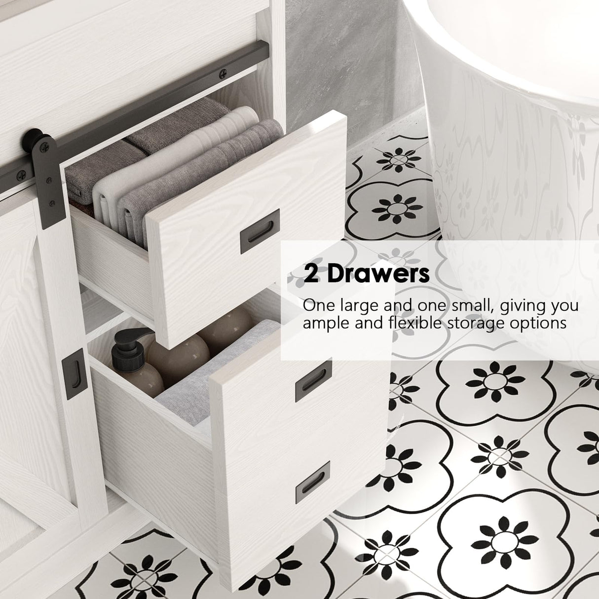 4ever2buy Farmhouse Bathroom Vanity with Sink, Bathroom Vanity Cabinet with 2 Drawers & Sliding Barn Door, White 4ever2buy