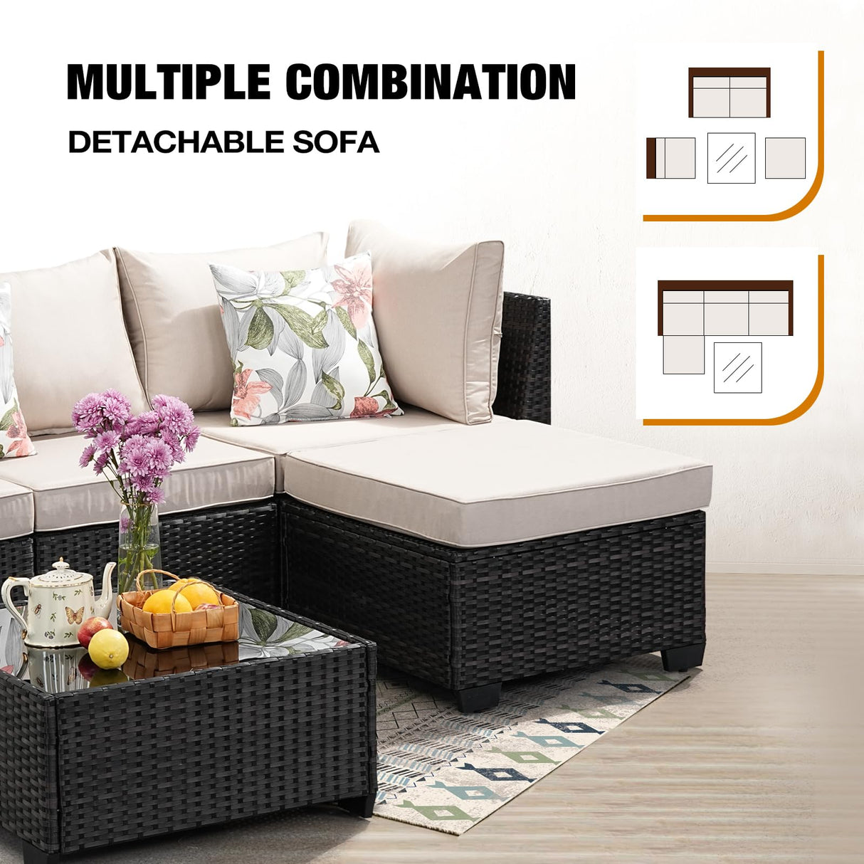 JOYURE 5 Pieces Patio Furniture Set All-Weather Outdoor Wicker Sectional Conversation Sofa Rattan Patio Seating Sofa with Cushion and Glass Table and Ottoman for Porch,Beige JOYURE