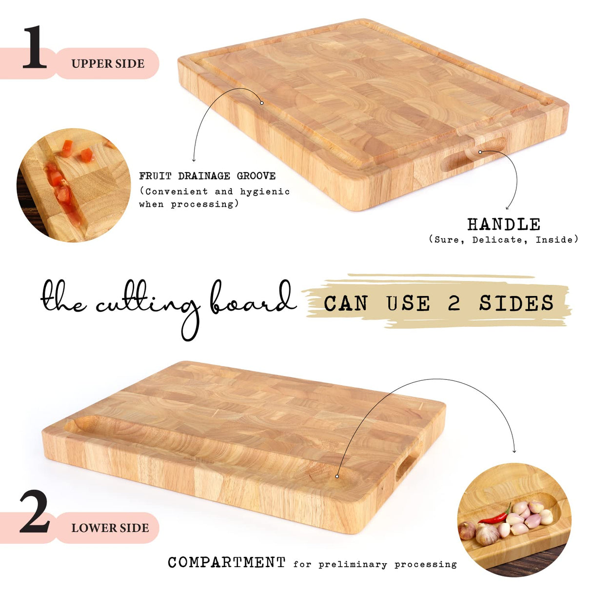 Cutting Board (17x13x1,5in) Wood Cutting Board, End Grain Cutting Board, Wooden Butcher Block, Chopping Board - Reversible Multipurpose For Kitchen FANICHI