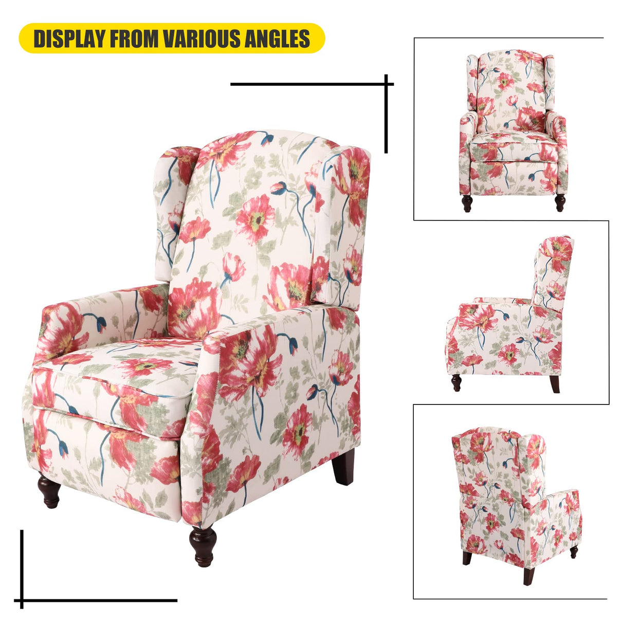 Consofa Upholstered Wingback Recliner Chair, Traditional Push Back Recliner Chair with Padded Seat, Fabric Floral Chair Wingback Recliner with Wooden Legs, Small Recliners for Small Spaces Consofa