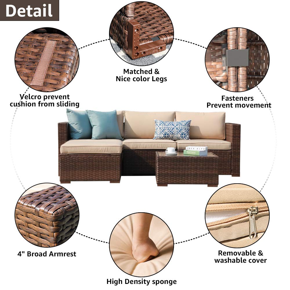 Patiorama 5 Piece Outdoor Patio Furniture Set, Outdoor Sectional Conversation Set, All-Weather Brown PE Wicker w/Beige Cushions, Outdoor Backyard Porch Garden Poolside Balcony Furniture Set Patiorama
