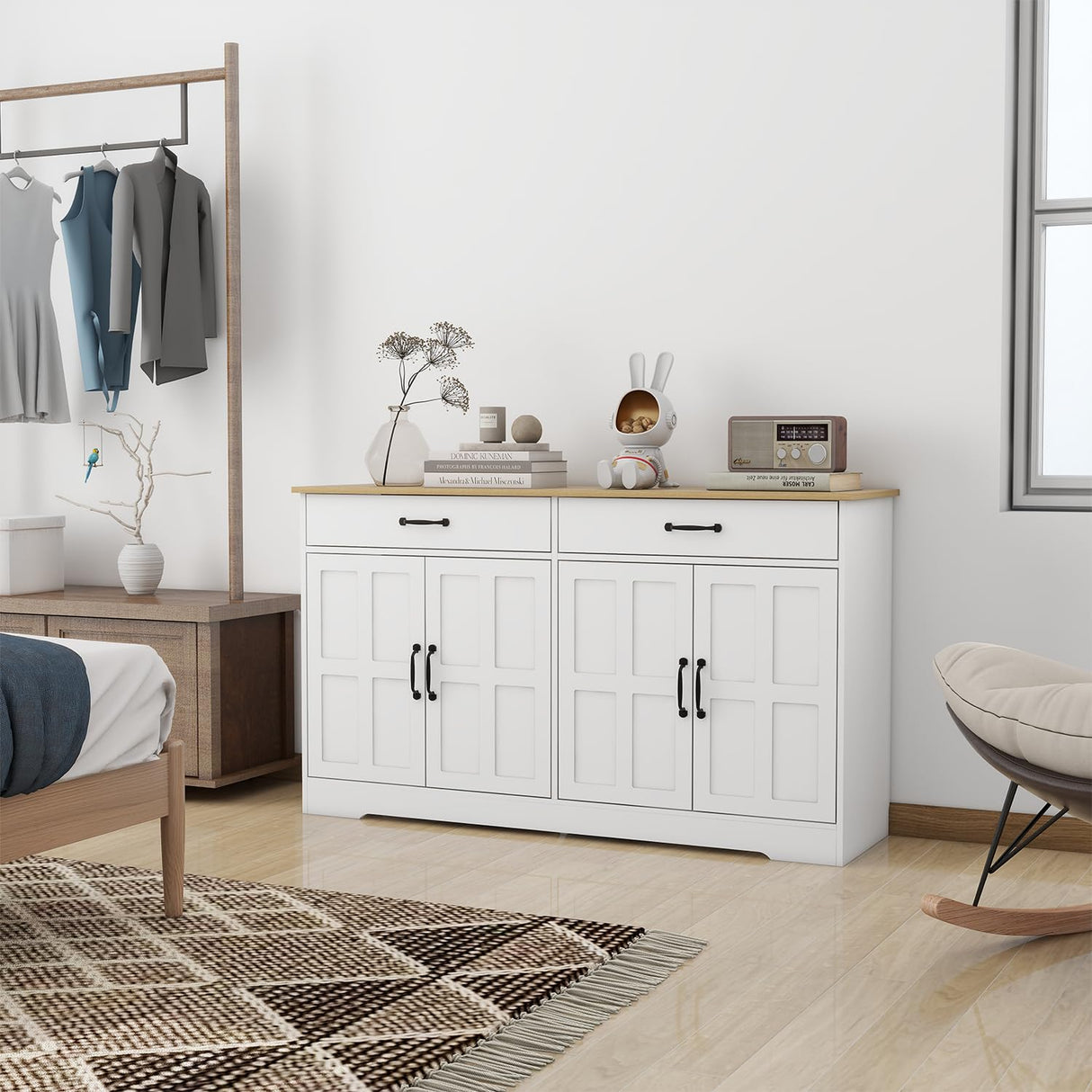 Sideboard Buffet Cabinet with Storage, 55" Large Kitchen Storage Cabinet with 2 Drawers and 4 Doors, Wood Coffee Bar Cabinet Buffet Table Console Cabinet for Kitchen Dining Room, White Locsear