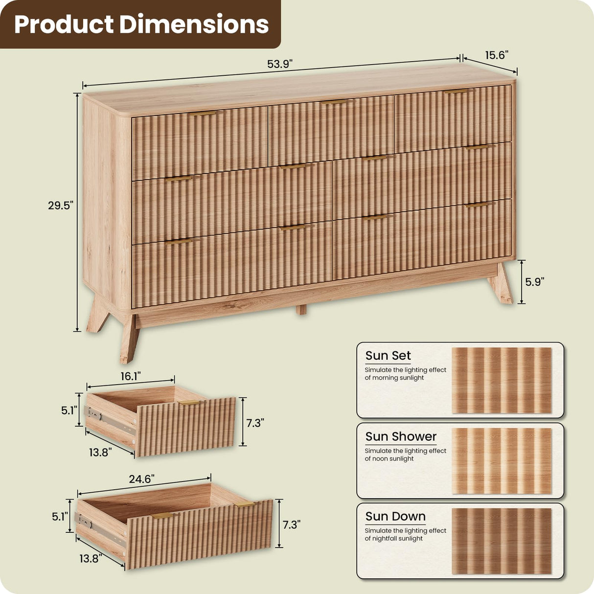 TROJM 54'' Wide 7 Drawers Dresser for Bedroom,Modern Fluted Vertical Chest with Rounded Corners,Fluted Dresser for Living Room,Hallway, Natural Wood TROJM