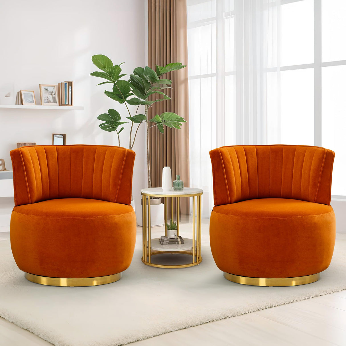 SLEERWAY 360° Swivel Barrel Chair Set of 2, Modern Velvet Round Accent Chair, Comfy Upholstered Small Armchair with Gold Metal Base for Living Room Bedroom Nursery Office Sillas para Sala, Orange SLEERWAY