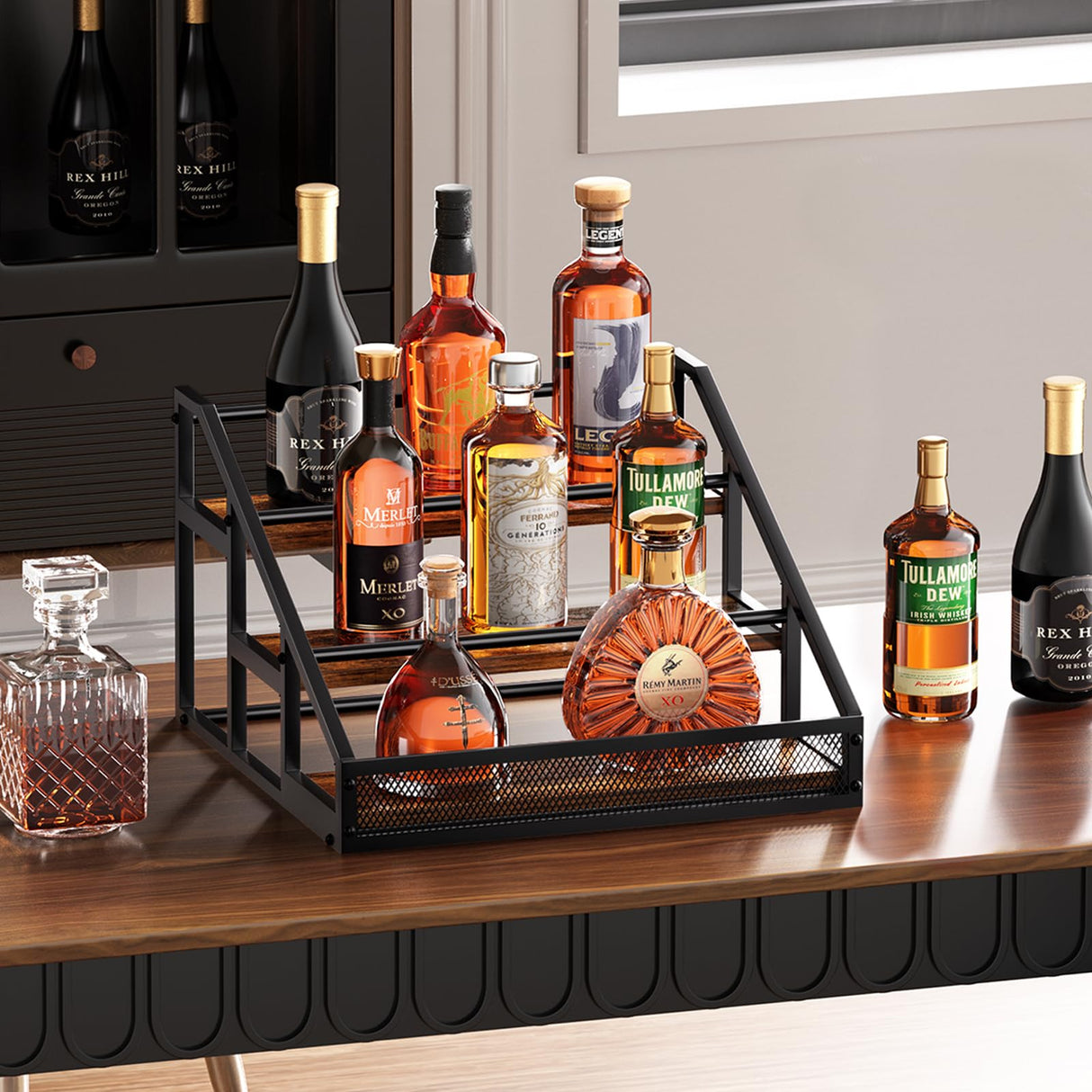 B4Life 3-Tier Liquor Bottle Display Shelf for Whiskey and Spirits - Retro Bar Shelves B4Life