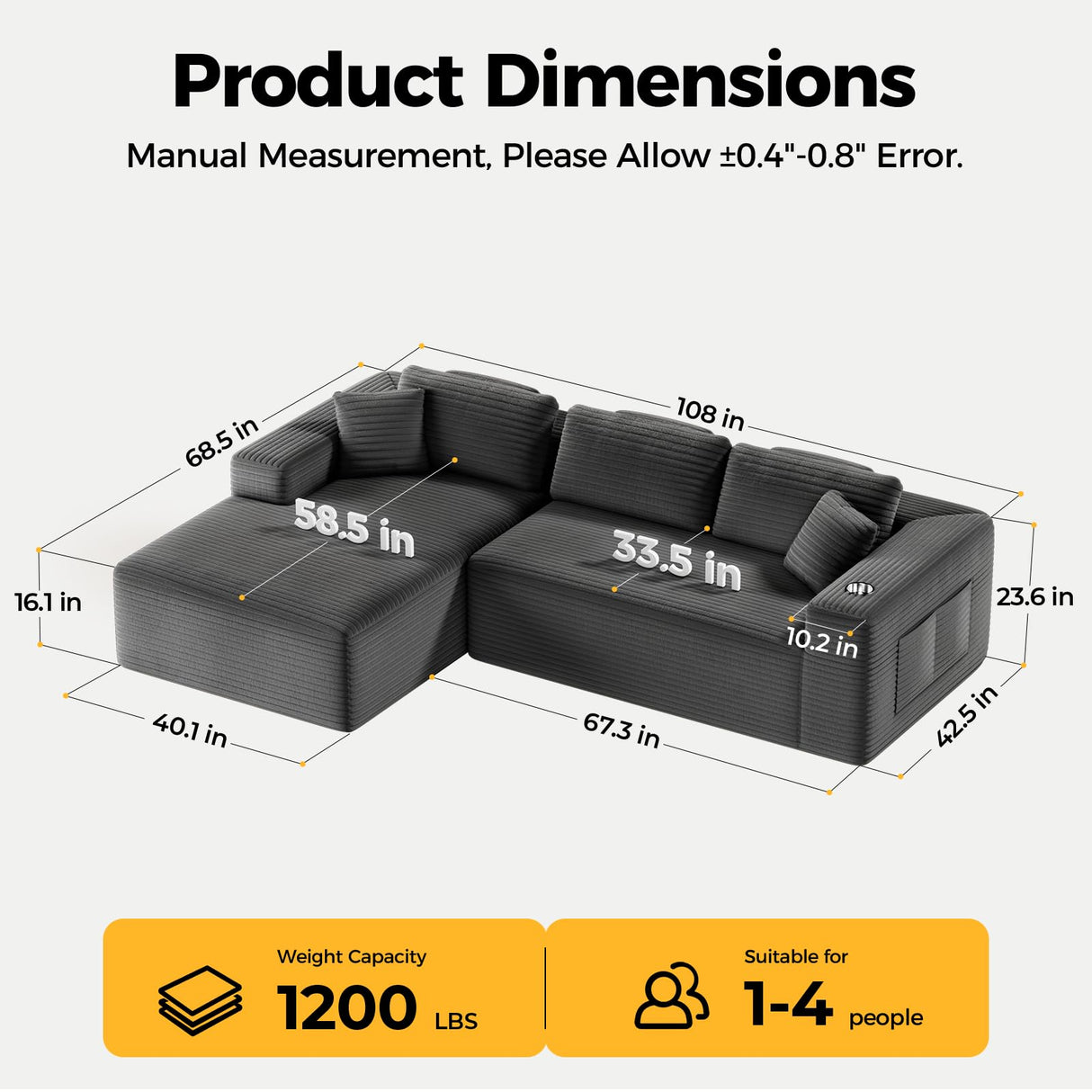 CAMMOO 108” Cloud Sectional Couch in One Box, Compressed Modern Modular Sectional Sofa with Deep Seat, Corduroy Boneless Couches with Chaise, L-Shaped Sofa for Living Room, 4 Storage Pockets(Grey) CAMMOO