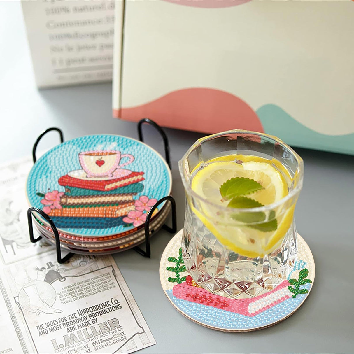 8 Pcs Book Diamond Art Coasters Kit for Adults, Book Lovers Wooden Coffee Diamond Painting Coasters with Holder, 5D Gem Art Dots Painting Coaster With Cork Pads - Crafts Supplies for Home Decor Fotasmua