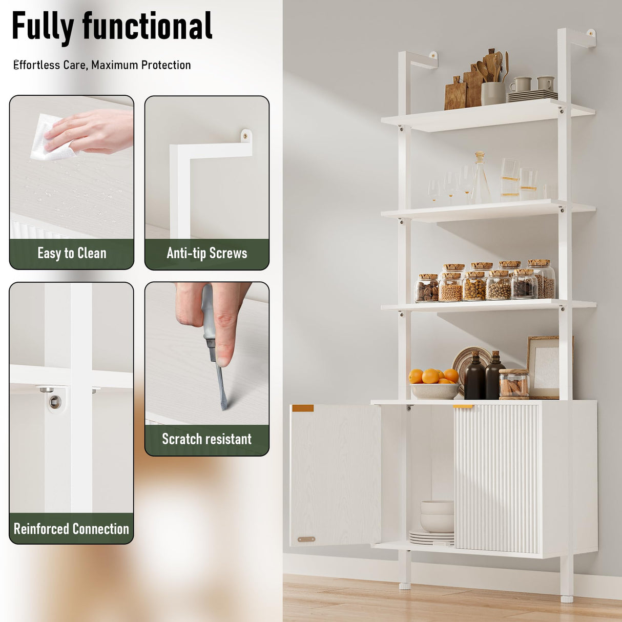 INNOD 74" Tall Bookshelf with Storage Cabinet, Modern Ladder Shelf with Wood and Metal Frame, Wall Mount Bookcase Open Display Shelf Furniture for Living Room, Bedroom, Home Office, White INNOD