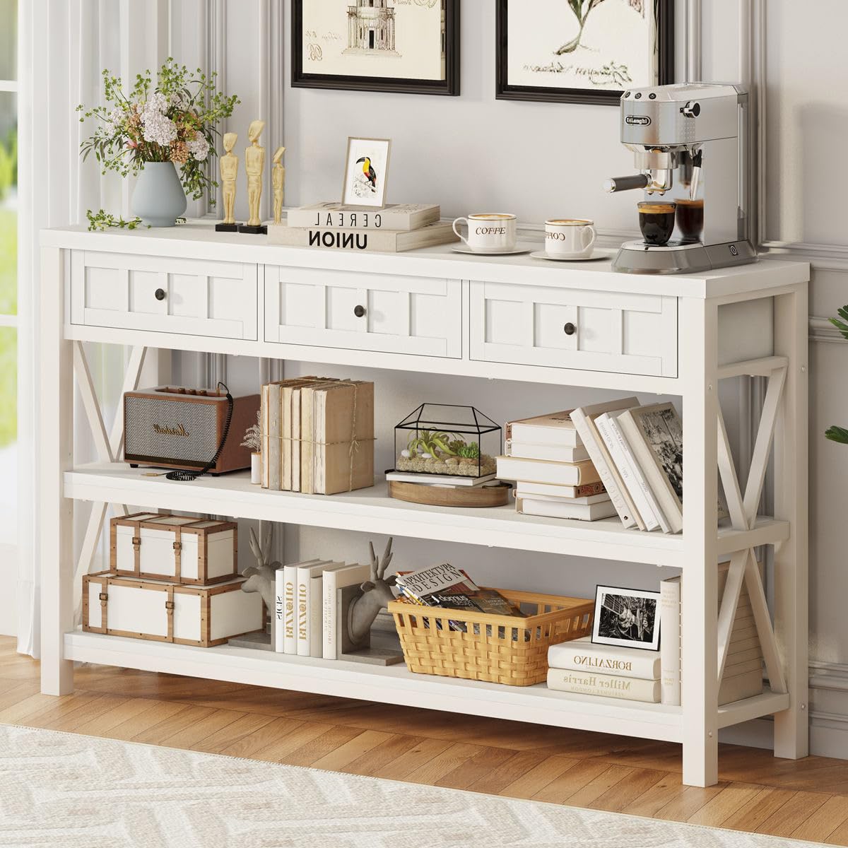 FATORRI Rustic Wood and Metal Console Table with 3 Drawers for Entryway and Living Room - White Oak FATORRI