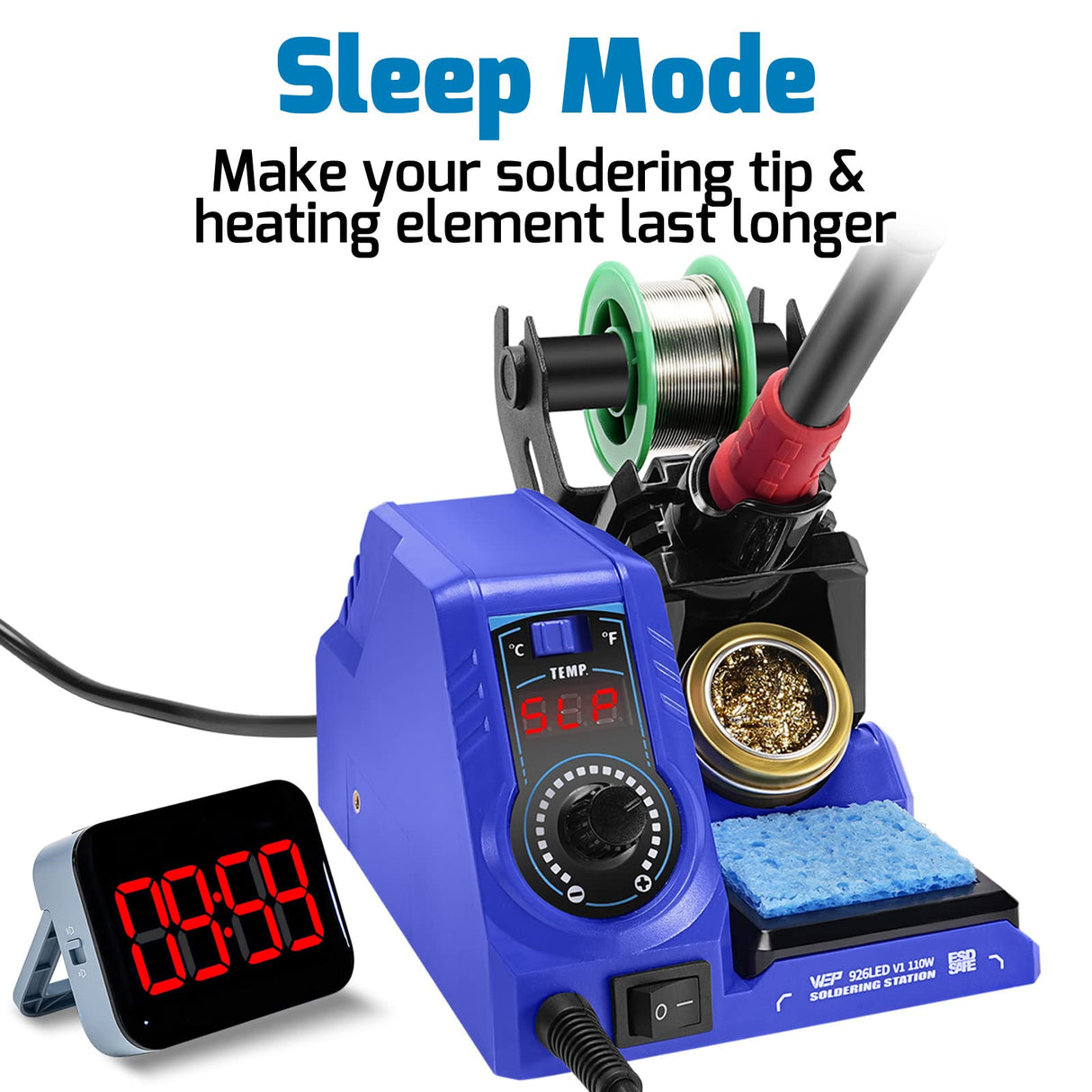 WEP 926LED V1 110W Soldering Iron Station Kit with Solder Wire, 5 Soldering Tips, Tip Cleaner, Tweezers, Desoldering Pump with Precision Temperature Control, Sleep Mode, ℉/℃ WEP