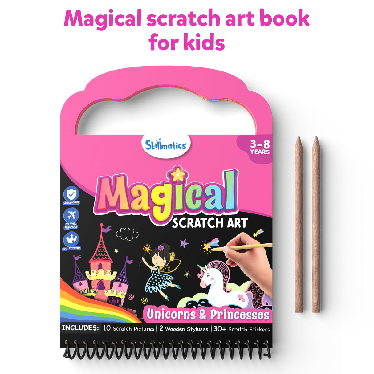 Skillmatics Scratch Art Book for Kids - Unicorns & Princesses, Craft Kits & Supplies, 30+ Scratch Stickers, Travel Toys, DIY Kit, Gifts for Girls & Boys Ages 3, 4, 5, 6, 7, 8 Skillmatics
