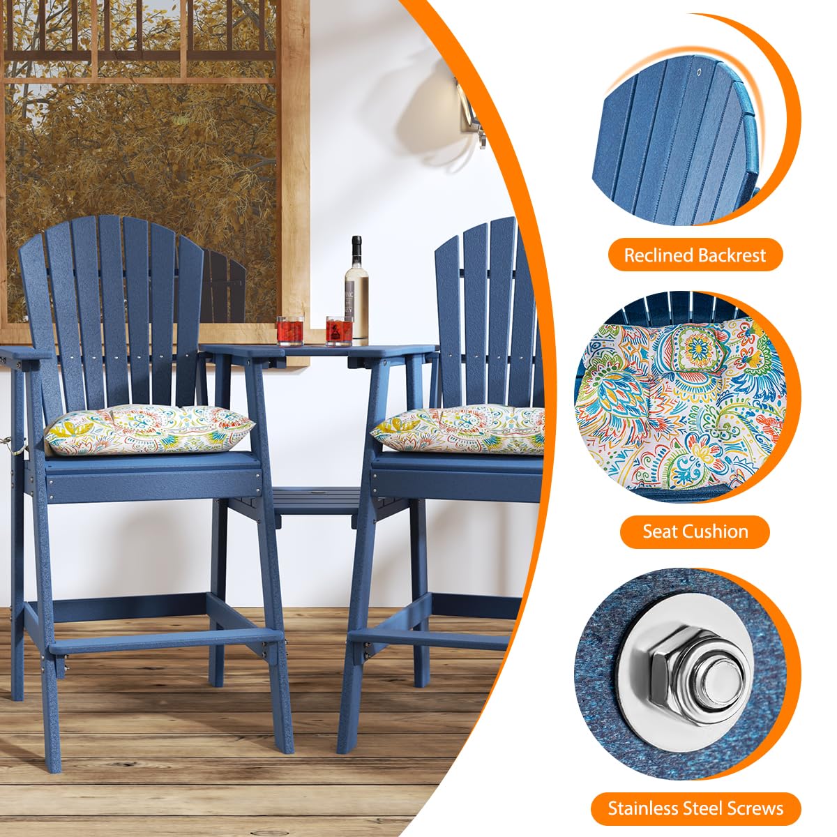 Sundale Outdoor Tall Adirondack Bar Set, Patio Umbrella Table and Bar Chairs Set of 2, 3 Pieces Counter Height Dining Bistro Set, Pub Table with HDPE Stools, 2 Umbrella Hole Caps, Navy Blue Sundale Outdoor