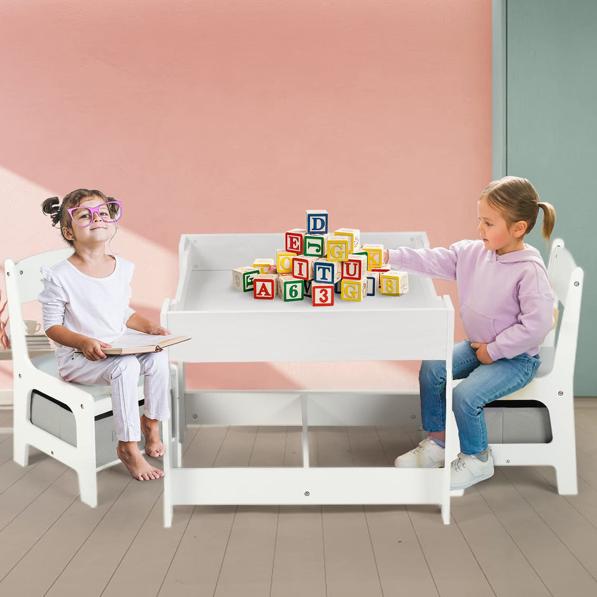 Kinder King Kids Wood Table & 2 Chairs Set, 3 in 1 Children Activity Table w/Storage, Removable Tabletop, Blackboard, 3-Piece Toddler Furniture Set for Art, Crafts, Drawing, Reading, Playroom, Grey Kinder King