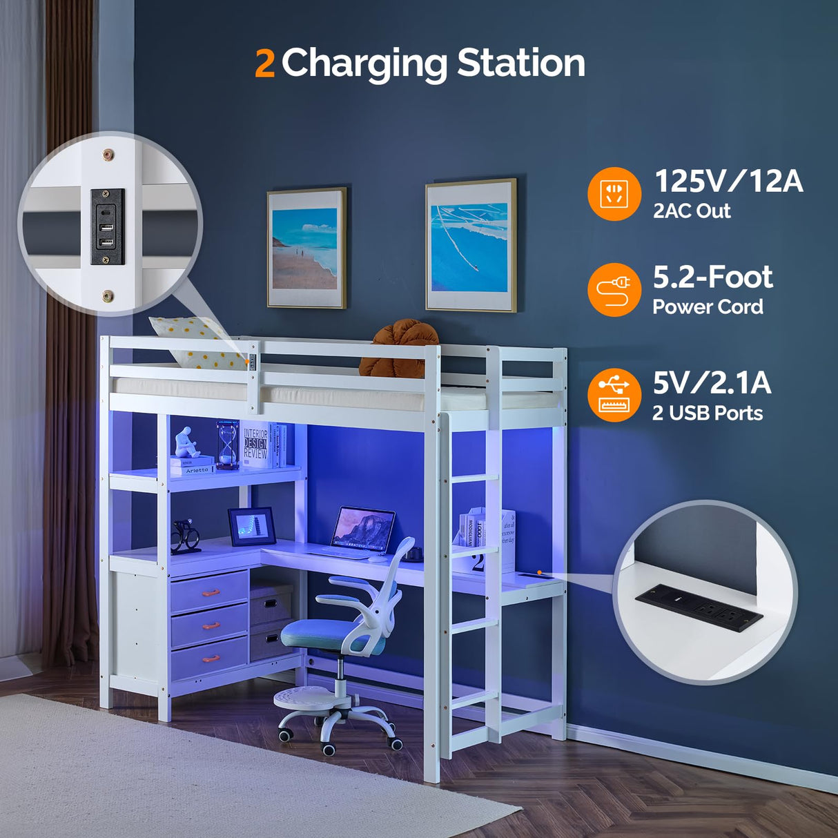 VINGLI Twin Loft Bed with L-Shaped Desk and 3 Storage Drawers, Solid Wood Single Bunk Gamer Bed with RGB LED Light Underneath,2 Charging Stations, White VINGLI