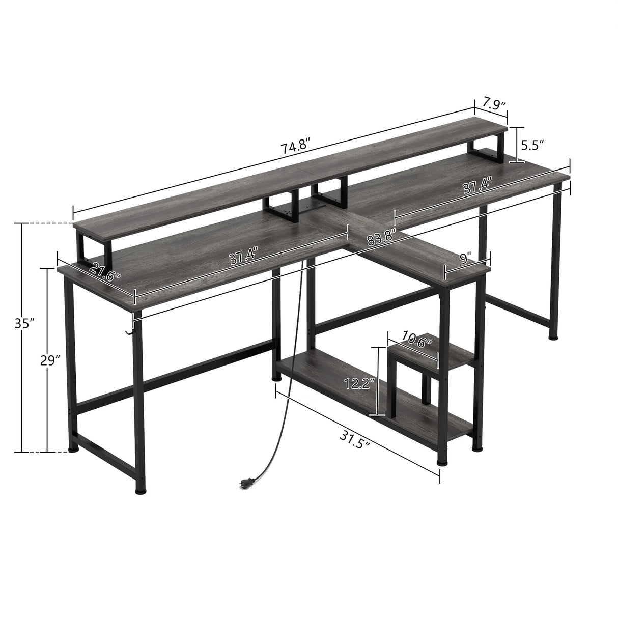 Mexin Two Person Desk-83.7 Inch Double Computer Desk with Monitor Stand and Power Outlets, Office Desk with Storage Shelves, Long Workstation Desk for Home Office, Gray Oak Mexin