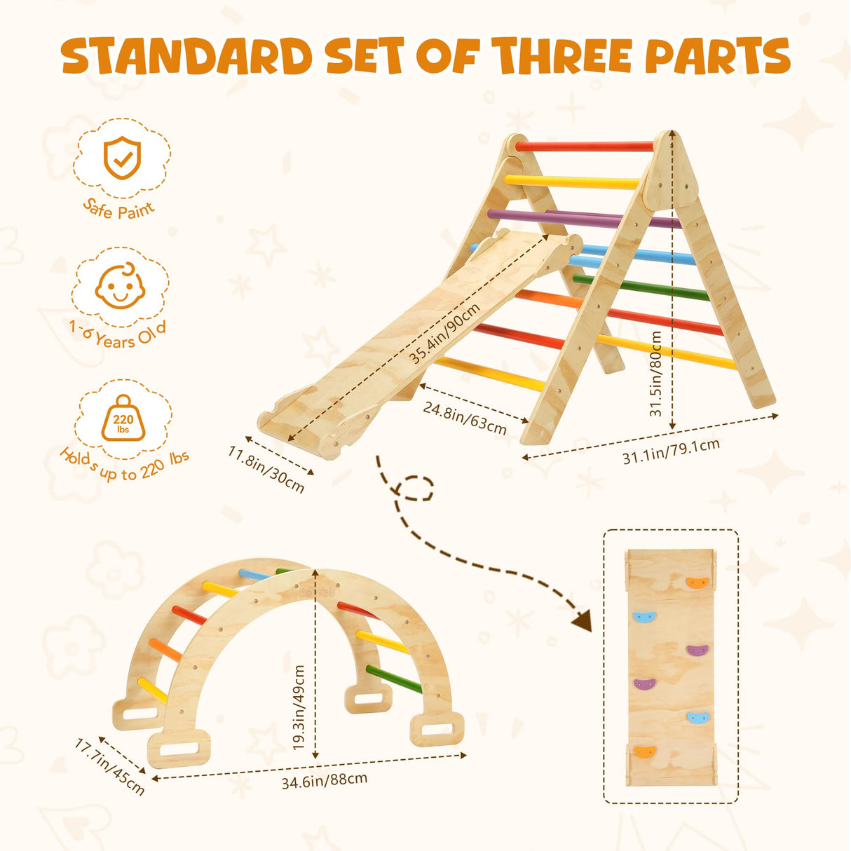 CoziBB Pikler Triangle Set, Montessori Toddler Climbing Toys Indoor, 5 in 1 Wooden Foldable Climbing Set with Arch Ramp, Triangle Climber, Pikler Triangle Gym Inside for Kids 2-4, Rainbow CoziBB