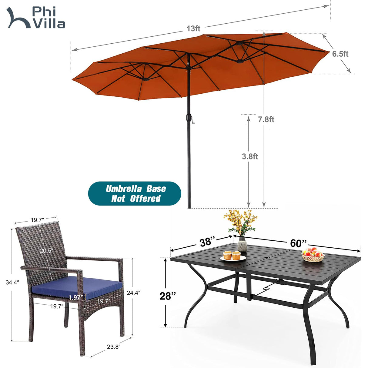 PHI VILLA 7 Piece Patio Dining Set with Umbrella, 60” Rectangular Metal Dining Table & 6 Cushioned Rattan Wicker Chairs & 13ft Large Red Umbrella for Outdoor, Deck, Yard, Porch PHI VILLA
