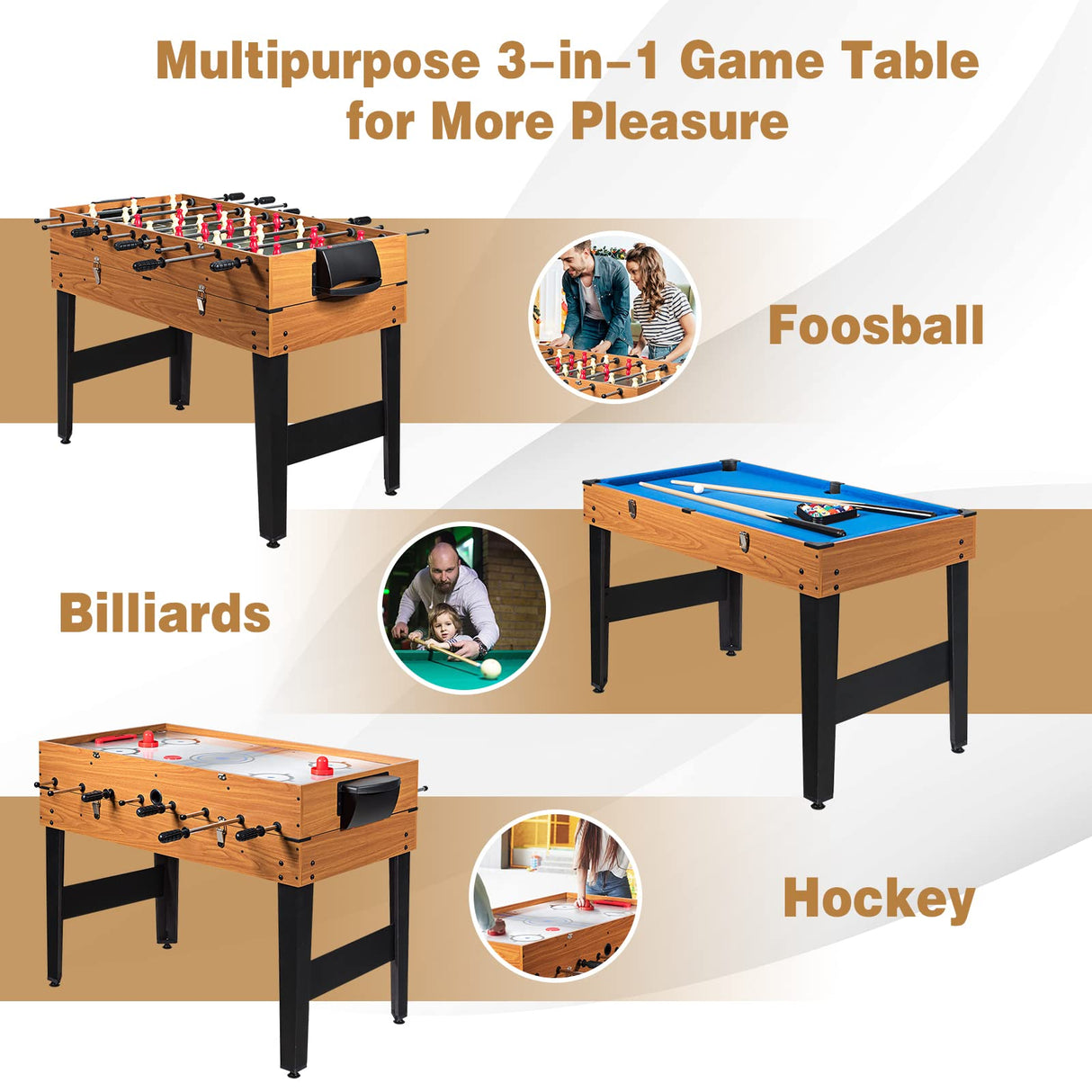 Goplus 48 Inch Game Table, 3-in-1 Combo Table Set w/Adult Size Foosball Table, Pool Table, Slide Hockey Table, Multi Game Table w/Billiard, Soccer & Hockey for Arcade, Party, Family Night, Game Room Goplus