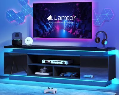 Lamtor 70 Inch TV-Stand - Television Stands for 75 80 85 Inch TV - 2 Tier Entertainment Center with 4 AC Outlets & 2 Smart RGB LED Light Strips - Media Console Table for Living Room, Pure Black