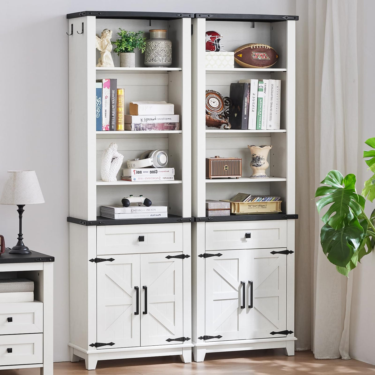 Joaxswe 72in Tall Bookshelf 7 Tier Bookcase with Drawer and Barn Doors and Adjustable Shelves, White Farmhouse Book Shelf with Storage Cabinet, Wood Freestanding Display Bookshelves for Kitchen (2PCS) Joaxswe