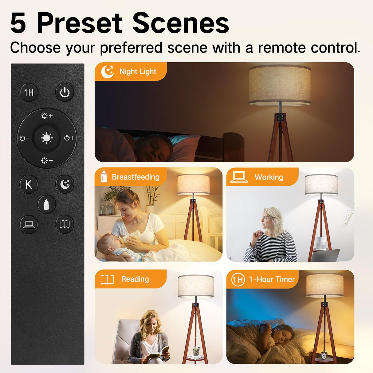 OUTON Dimmable Wood Tripod Floor Lamp with Shelves, Remote Control, Mid Century Modern Standing Lamp 58.5" for Bedroom, Living Room, and Office, Flaxen Lamp Shade Include E26 9W Bulb OUTON