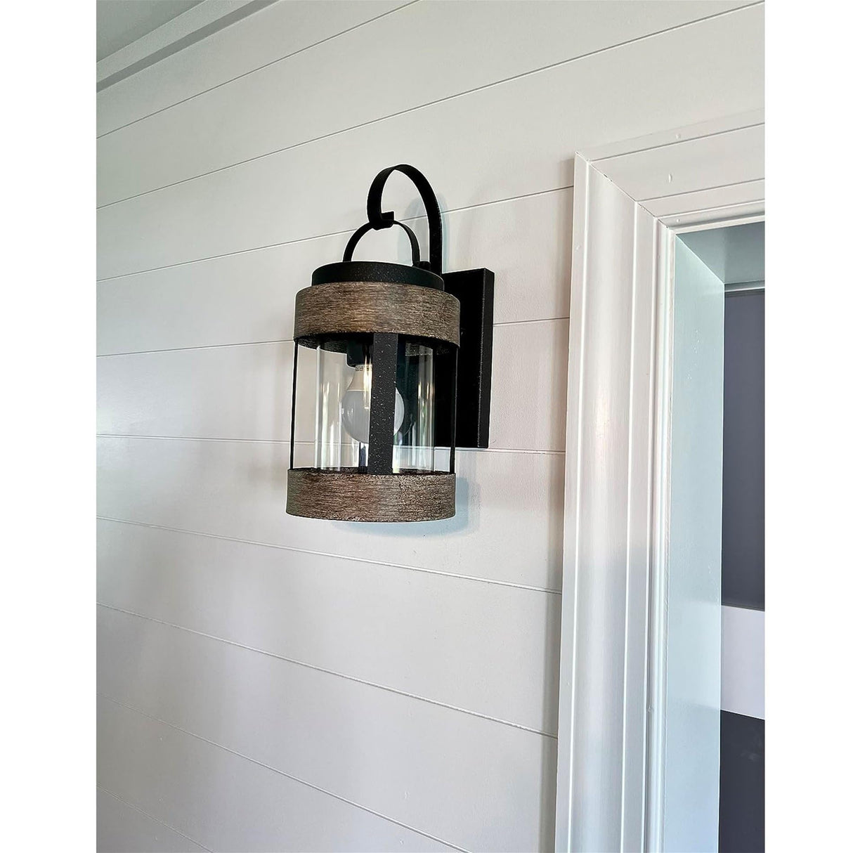 Kira Home Rochester 14" Modern Indoor Outdoor Wall Sconce + Cylinder Glass Shade, Weathered Oak Wood Style + Textured Black Finish Kira Home
