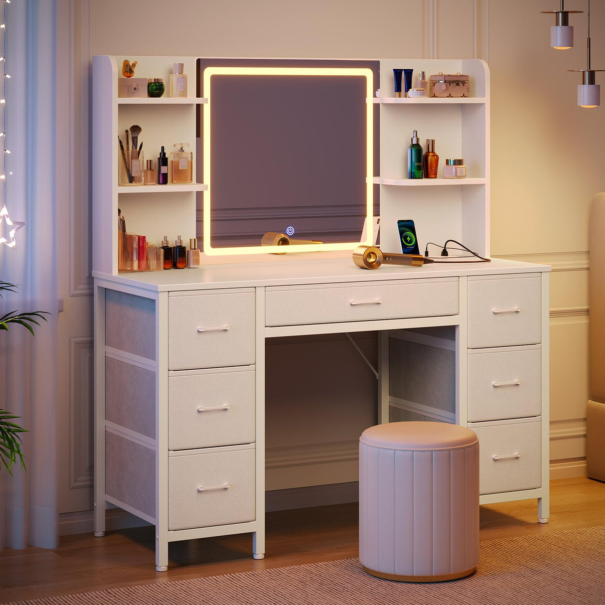 Rolanstar Vanity Desk with Lighted Mirror & Power Outlet, Makeup Vanity with 7 Fabric Drawers, 6 Storage Shelves & 3 Lighting Modes, Dressing Table for Bedroom, Girls, Women, White Rolanstar