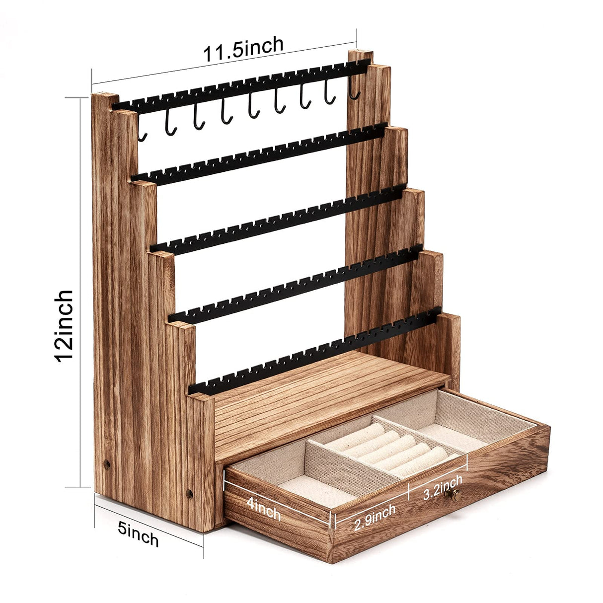 Pinzoveco Earring Organizer, 5 Layer Earring Holder Organizer with Necklace Holder Pole, Rustic Wood Jewelry Organizer Stand Display for Stud Earring Bracelet Necklace Ring, 175 Earring Holes Pinzoveco