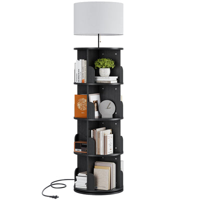 iabifo Black Rotating 4-Tier Bookshelf with Adjustable Lights, 360° Spinning Bookcase Tower, Tall Floor Standing Book Shelf for Bedroom, Living Room
