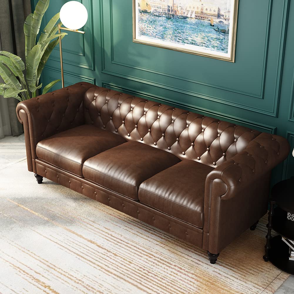 WILLIAMSPACE 88.2" Chesterfield Sofa Couch for Living Room, 3 Seater Couches Upholstered Tufted PU Sectional Sofa for Office Apartment - Brown WILLIAMSPACE