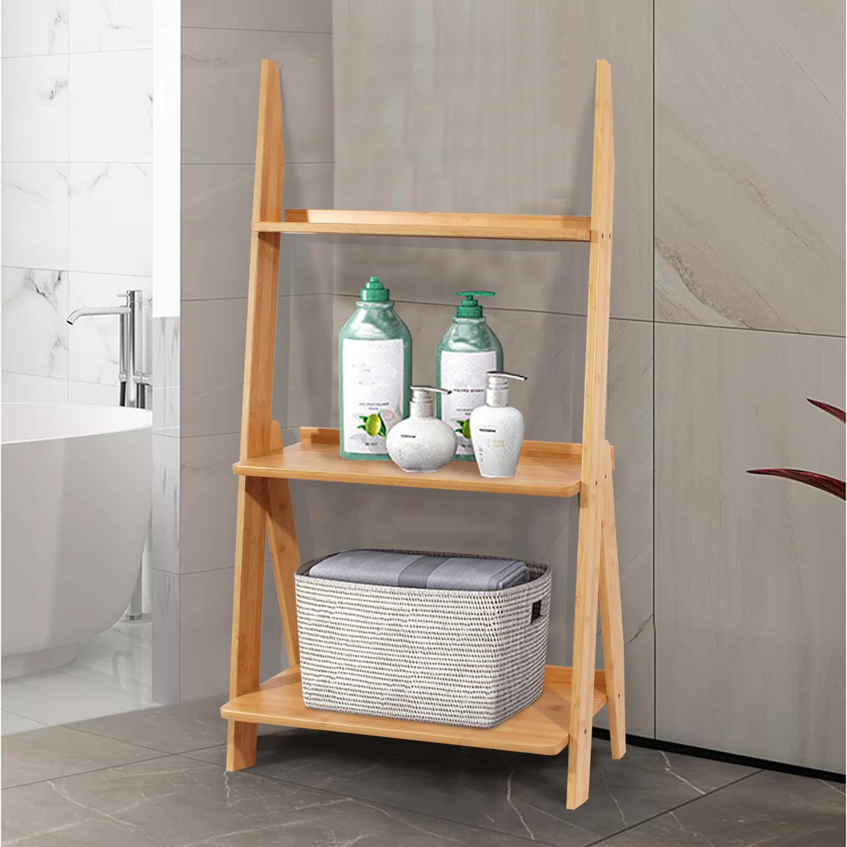 Maydear Bamboo Ladder Shelf Bookcase, 3-Tier Leaning Bookshelf Free Standing Organizer Storage Shelves for Living Room, Bedroom, Kitchen, Home Office, Balcony Maydear