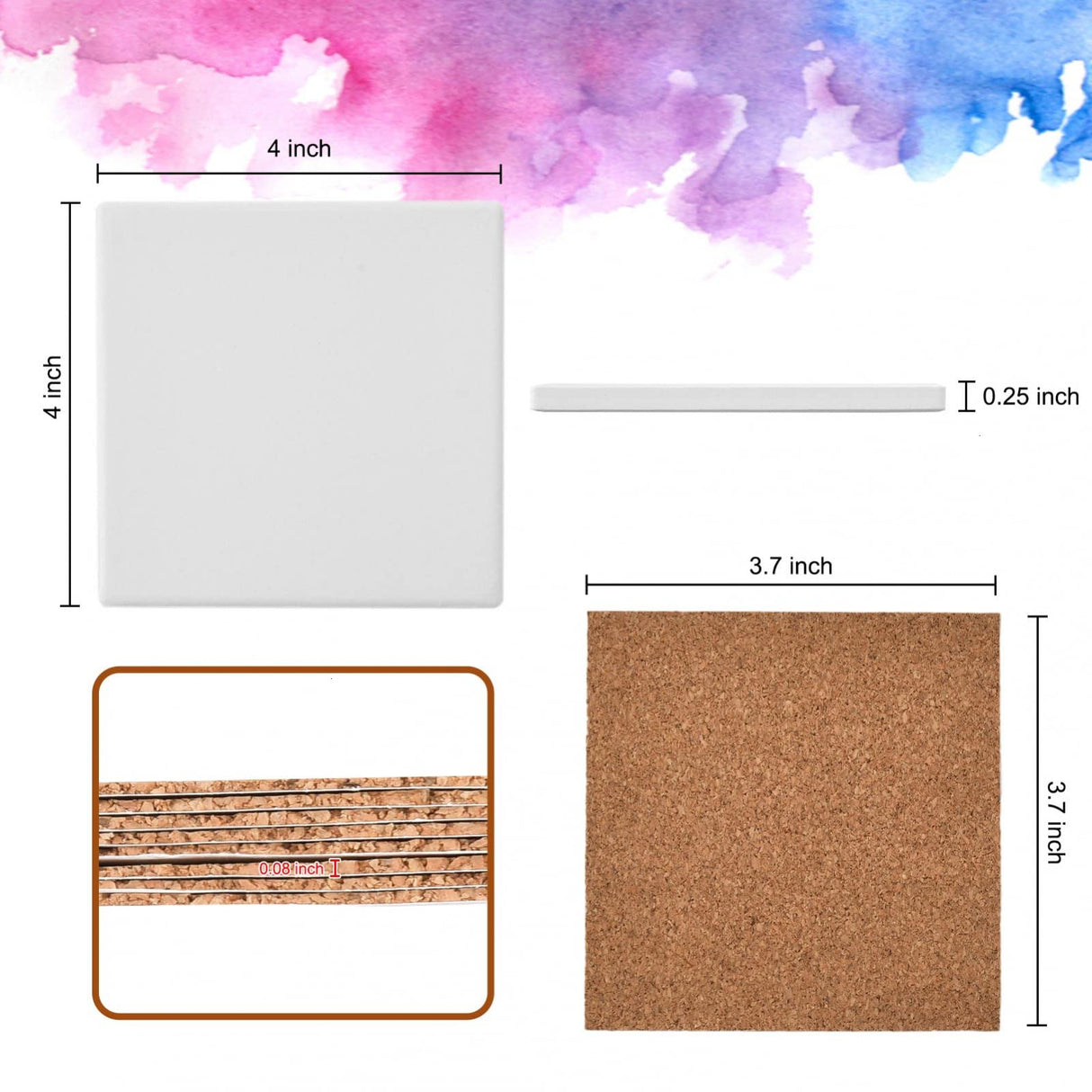 COYMOS 24 Pcs Ceramic Tiles for Crafts Ceramic Coasters for Crafts Blank White Unglazed Ceramic Tile for Painting, Alcohol Ink, Acrylic Pouring - DIY Coaster - Cork Backing Pads Included (4x4 inch) COYMOS