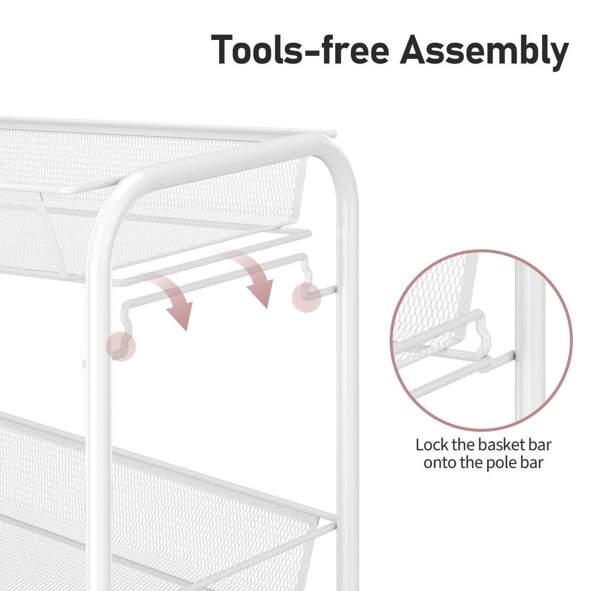TOOLF 4-Tier Rolling Cart, Metal Utility Cart with 3 Hooks, Easy Assemble Mobile Storage Trolley On Wheels, Metal Shelving Units Kitchen Bathroom Laundry Room TOOLF
