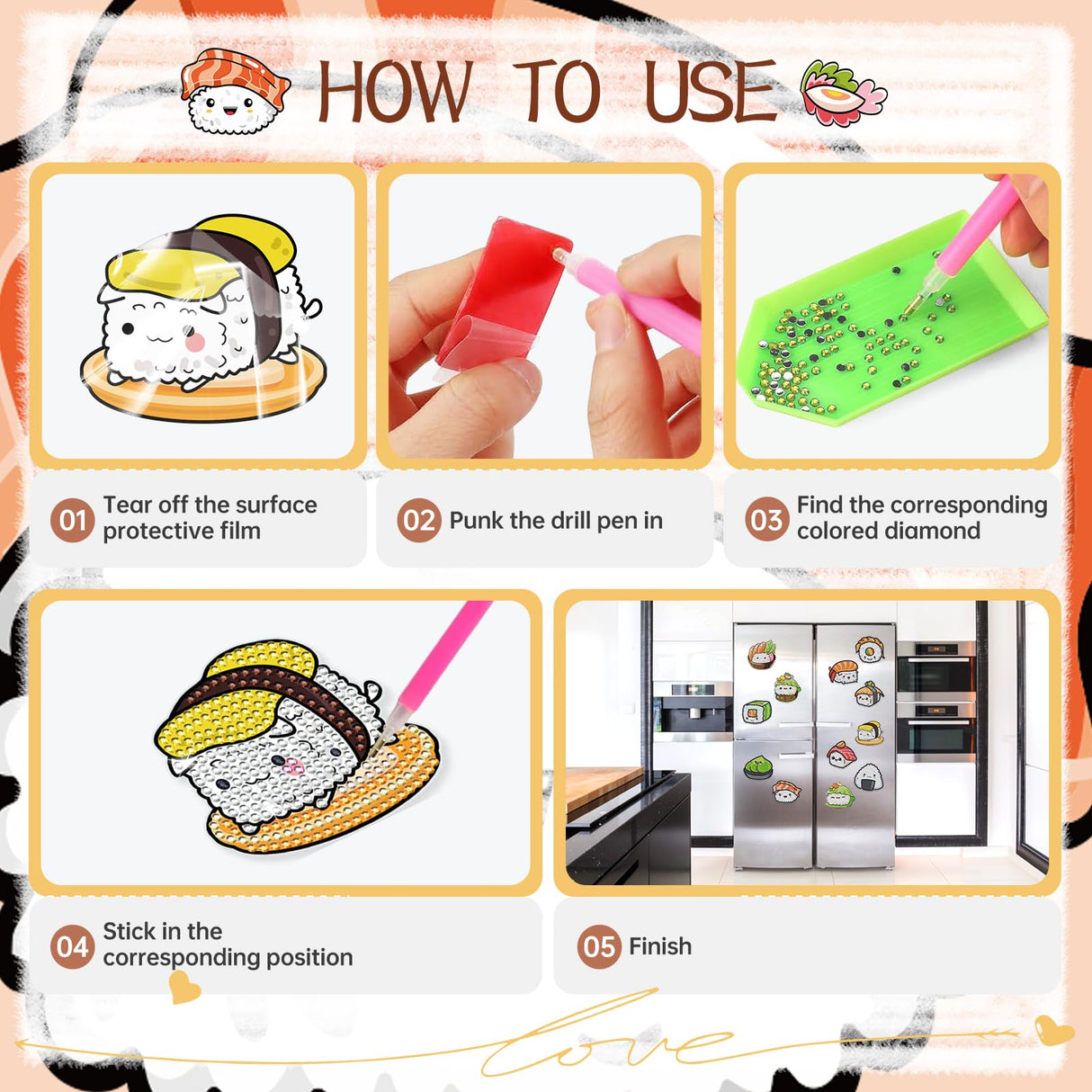 Sitsink Sushi Diamond Art Magnets - Cute Food Theme Diamond Painting Refrigerator Stickers, 3D Gem Art Rhinestone Crafts Kit for Adult Women Sitsink