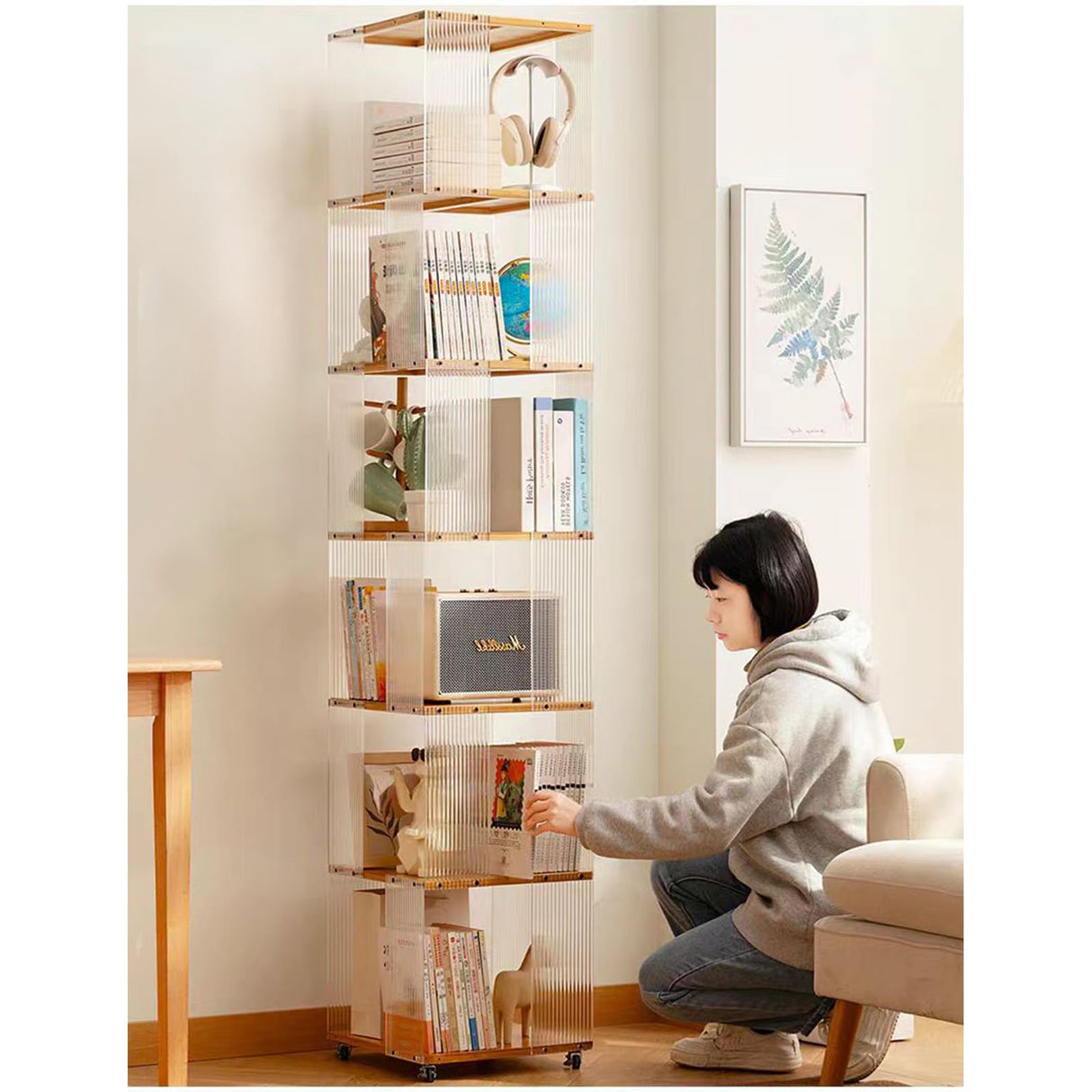 5 Tier Rotating Bookshelf, Clear Bookcase, Modern Storage Organizer Book Case for Bedroom Living Room Home Office, 360 Display Spinning Bookshelf Floor Standing Book Shelf (5 Tier - Natural) ZHUMUJIAJU