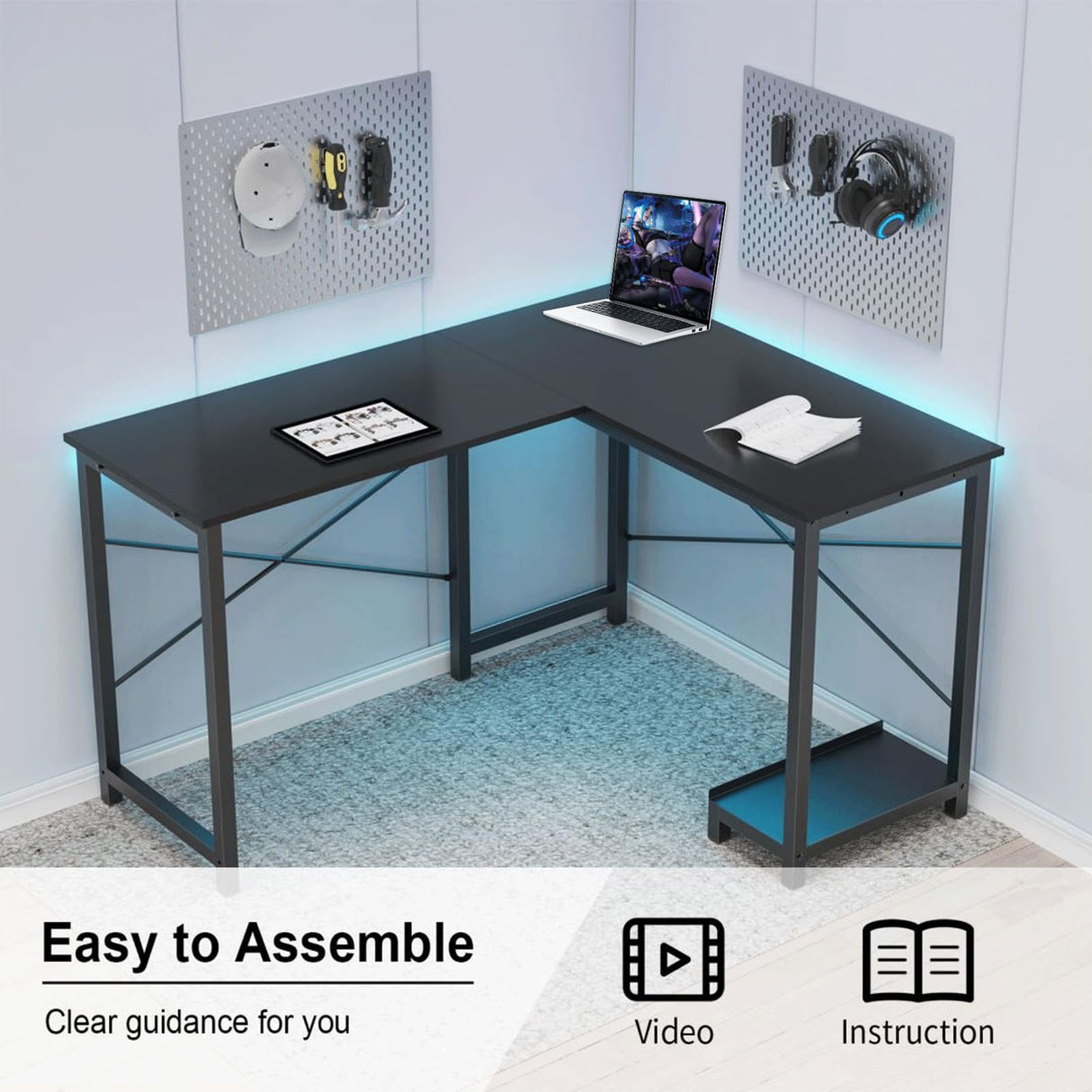 L-Shaped Wooden PC Desk for Gaming and Work - 50 Inch Writing Space-Saving Corner Table with CPU Storage Shelf, Side Bag, Home, Office, Black HOMEE