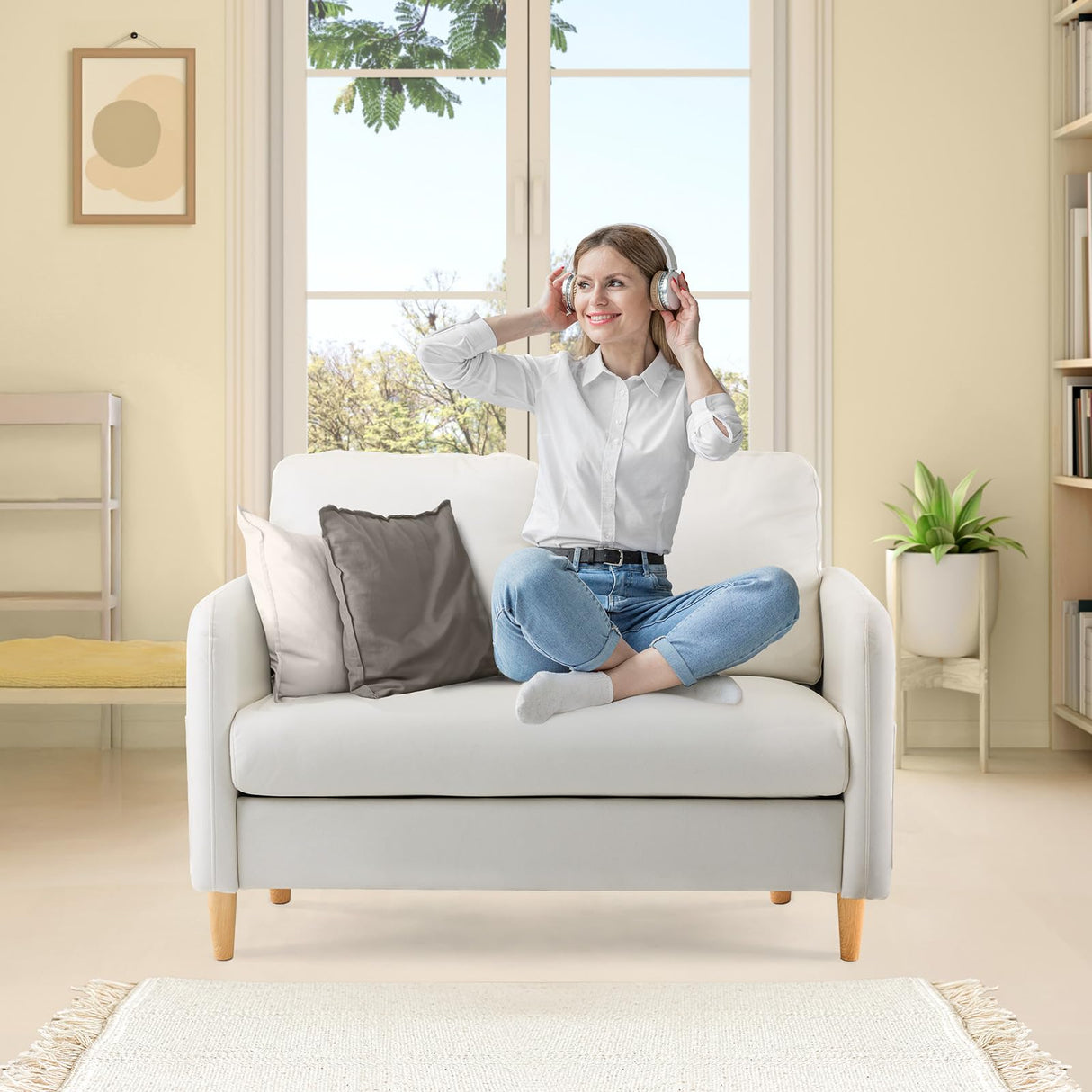 VINGLI 47" Small Couch, Beige Loveseat Mini Couch Mid Century Modern Decor Love Seat for Small Spaces Living Room, Bedroom, Play Room VINGLI