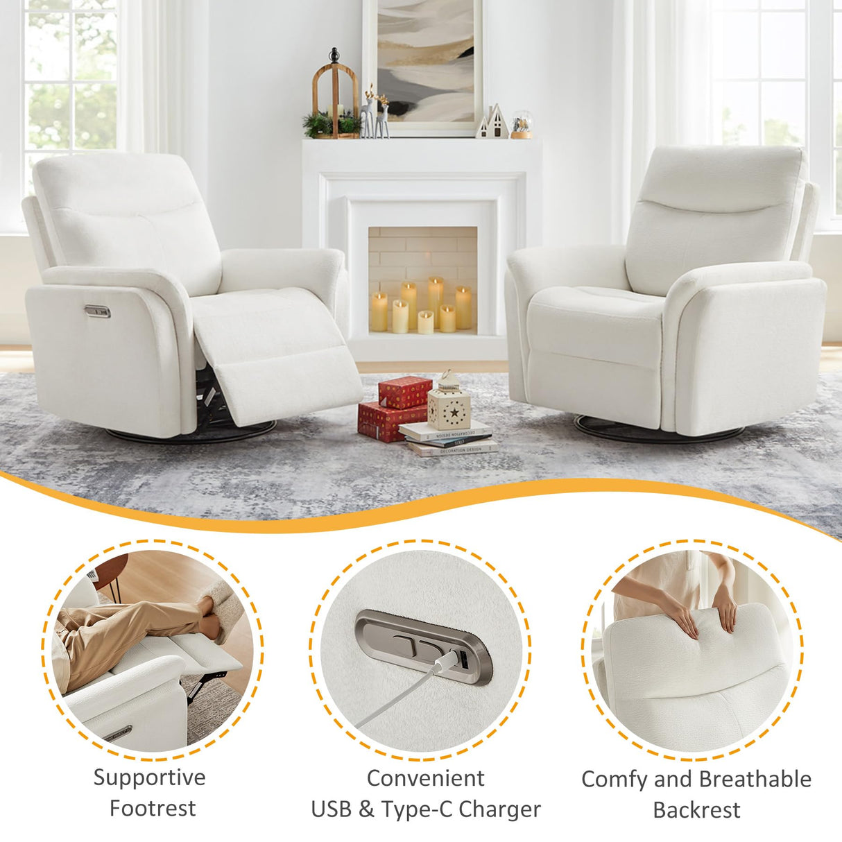 VANOMi Power Recliner Chair Swivel Glider, Electric Rocking Recliner Chairs with USB and Type-C Ports, Nursery Chair Recliner for Living Room, Bedroom, Apartment(White) VANOMi