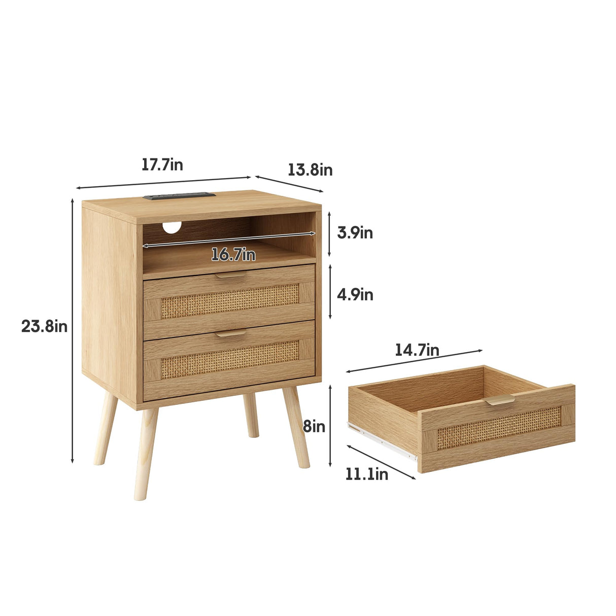 Halitaa Rattan Nightstand with Charging Station USB Port Led Lights and 2 Storage Drawers, Bedroom Furniture Night Stand Bedside Table Bed Side Table End Table Sofa Table (1 Pack) Halitaa