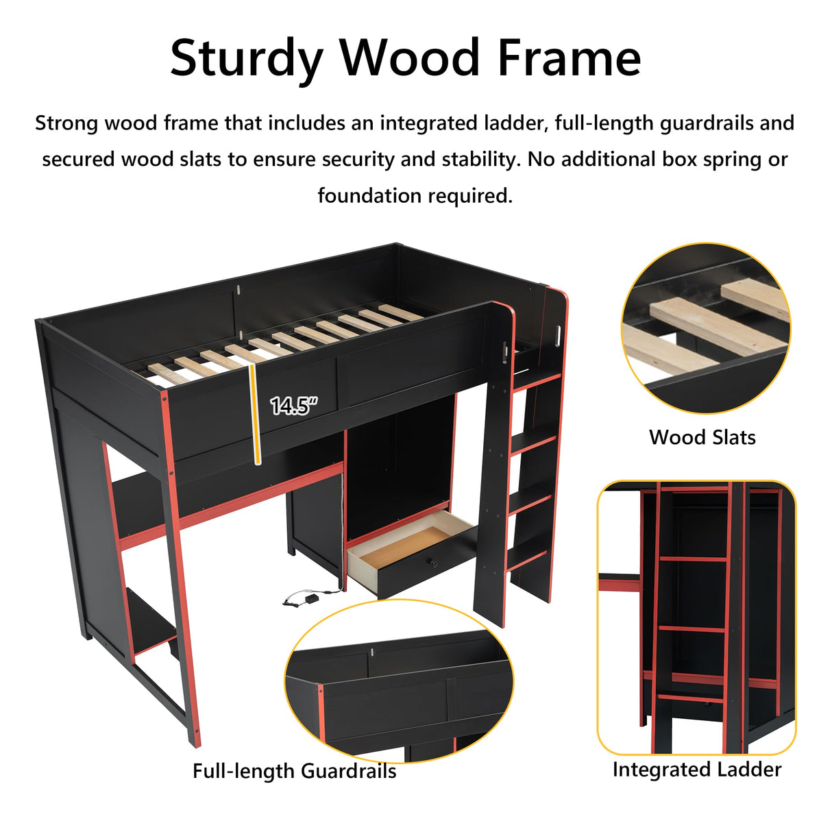 Polibi Twin Size Gaming Loft Bed with Built-in Desk, Wardrobe & LED Lights,Space-Saving Workstation, Storage Drawer,MDF & Pine Wood Frame,No Box Spring Needed,Black Polibi