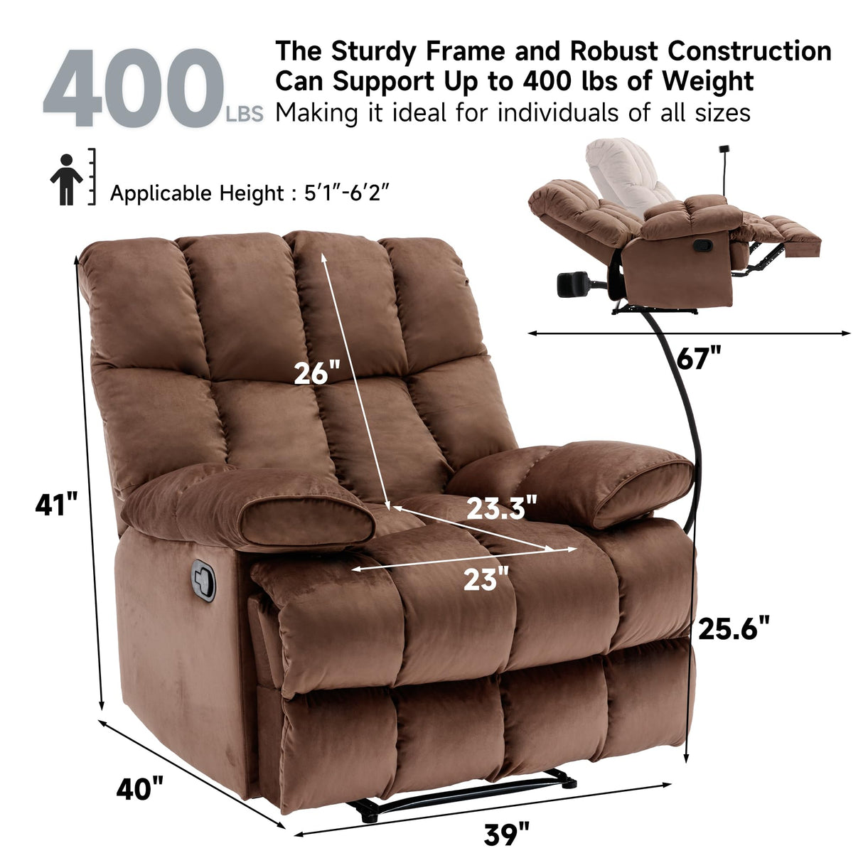 GNMLP2020 Oversized Recliner Chair, Big Mans Recliner Chairs for Adults 400LBS, Extra Wide Recliners for Tall Man, Large Recliner Chair for Living Room, Brown GNMLP2020