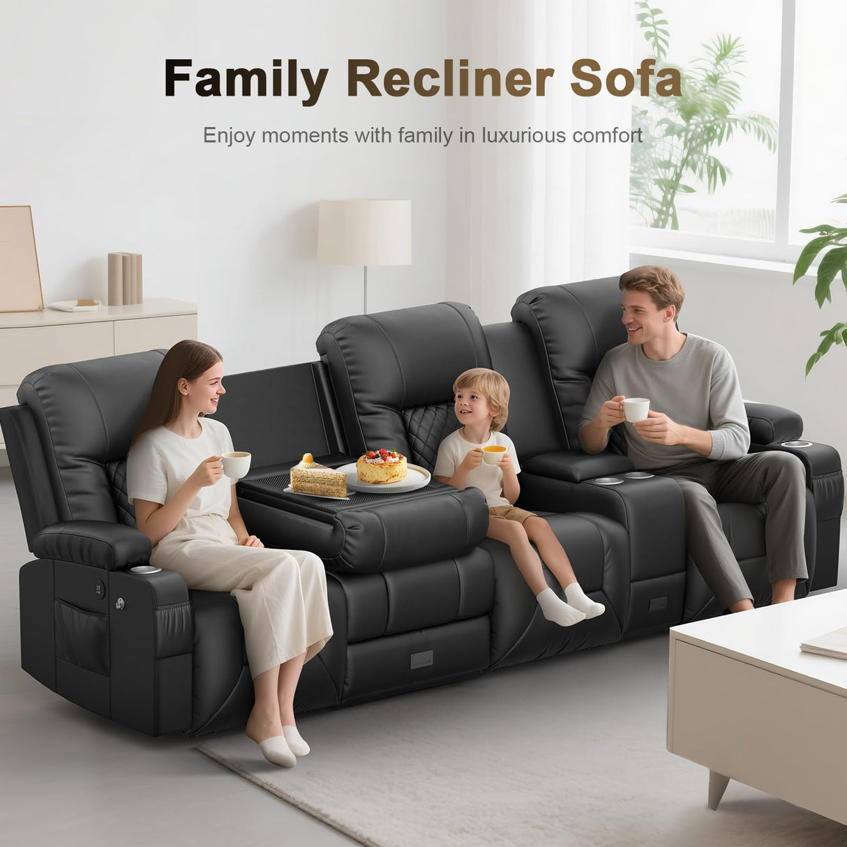 YONISEE 4 Seat Recliner Sofa with Flip Backrest Design, Loveseat Reclining Sofa with Storage Console, Drawer, USB Ports, 2 Cell Phone Holder, Loveseat Recliner Couch for Living Room (Black) YONISEE