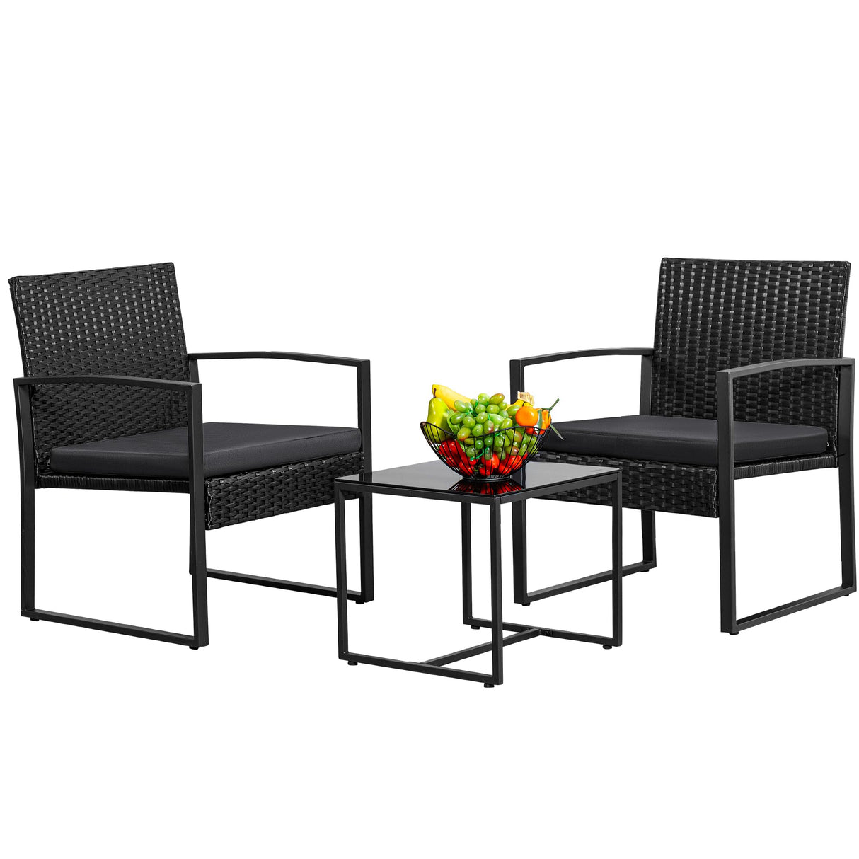 Greesum 3 Piece Wicker Conversation Bistro Sets Outdoor Patio Set Modern Rattan Chair Furniture Sets with Coffee Table for Yard Garden Porch Lawn (Black) Greesum