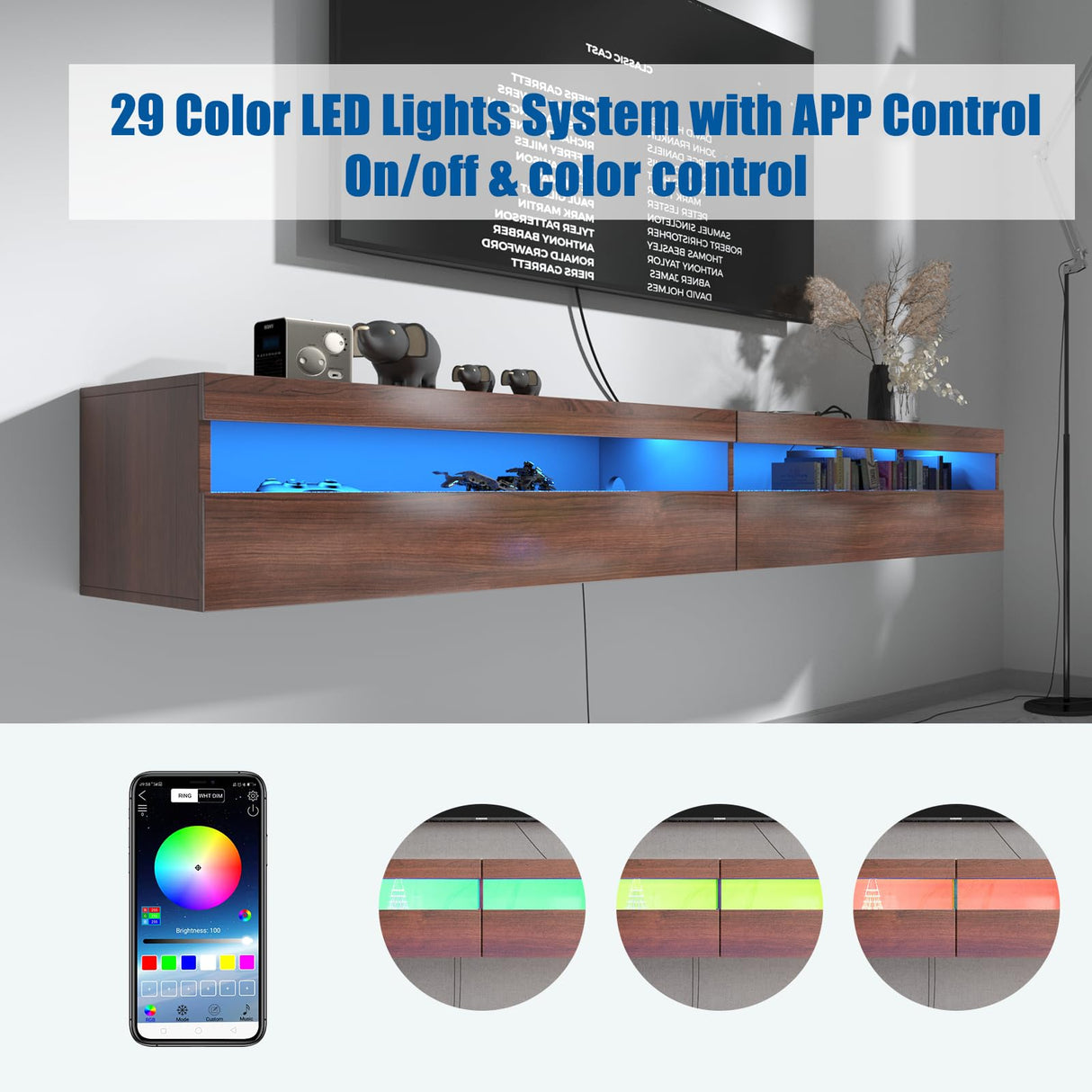 EXQUAL Floating TV Stand, Wall Mounted TV Shelf with Led Lights & Power Outlet, 71" Modern Entertainment Center Media Console with Storage, High Gloss TV Cabinet for 65/75/80 inch TV EXQUAL