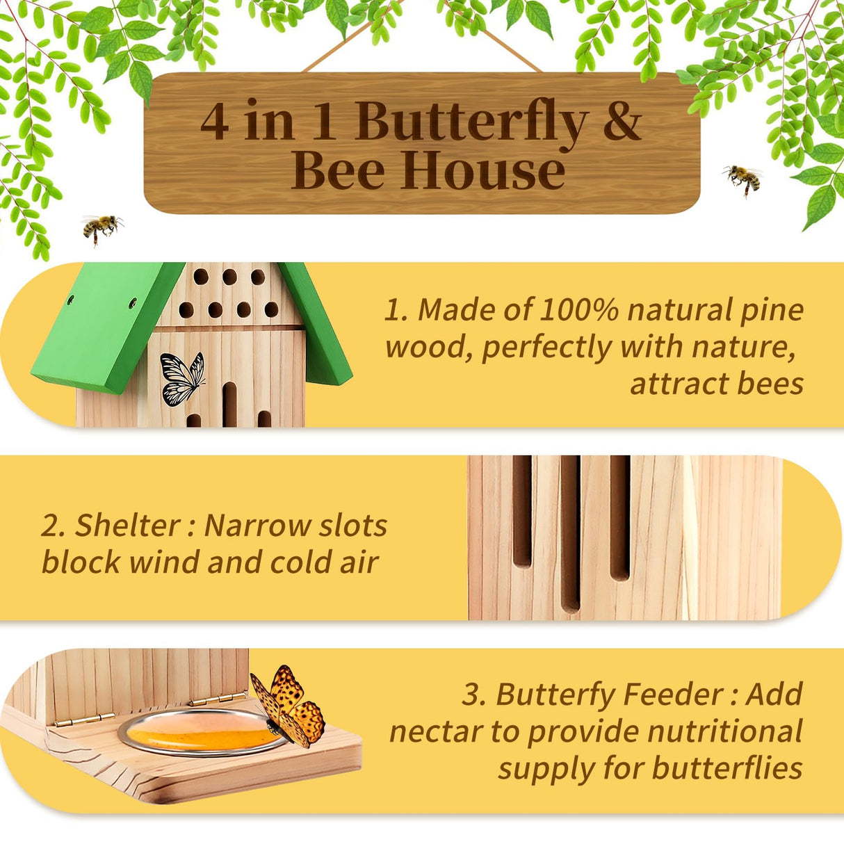 4-in-1 Butterfly House Feeder Bee House with Flower Pot, Wooden Butterfly Houses for The Garden, Butterfly Feeders for Outdoors, Natural Butterfly Garden Kit Habitat for Outside Beyoogeem